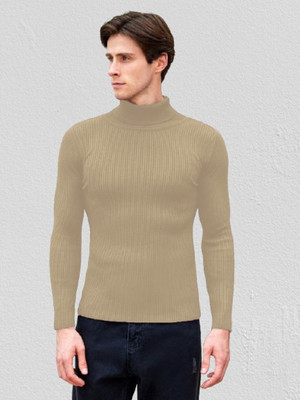 LIME Self Design Turtle Neck Casual Men Beige Sweater