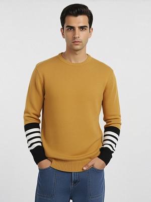 Roadster Striped Round Neck Casual Men Yellow Sweater