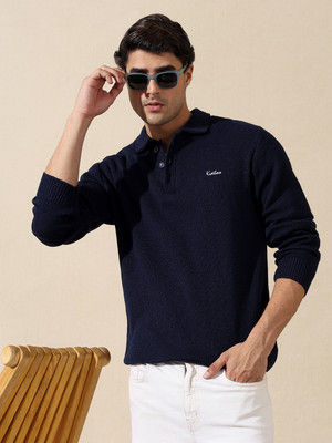 KVETOO Self Design Collared Neck Casual Men Blue Sweater
