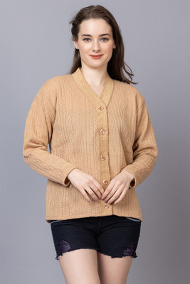 Wearlusso Self Design V Neck Casual Women Beige Sweater