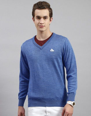MONTE CARLO Solid V Neck Casual Men Blue Sweater