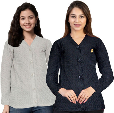 Shunit creation Self Design Round Neck Lounge Wear Women Black Sweater