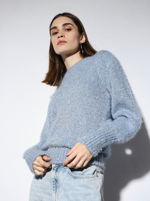 ONLY Self Design Round Neck Casual Women Blue Sweater