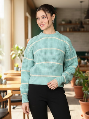 CHKOKKO Striped, Self Design Round Neck Casual Women Light Green Sweater