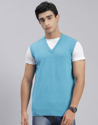 MONTE CARLO Solid V Neck Casual Men Blue Sweater