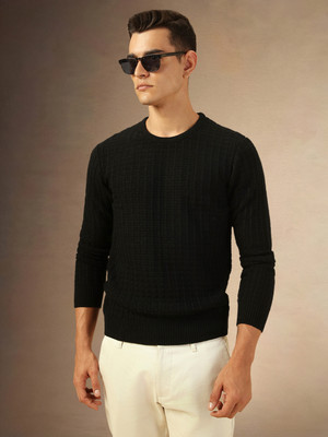 Dennis Lingo Solid Crew Neck Casual Men Black Sweater