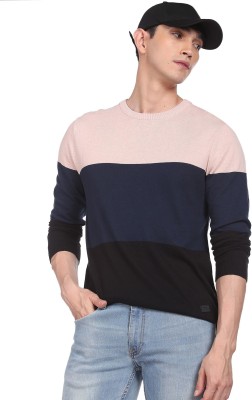 FLYING MACHINE Colorblock Round Neck Casual Men Pink Sweater