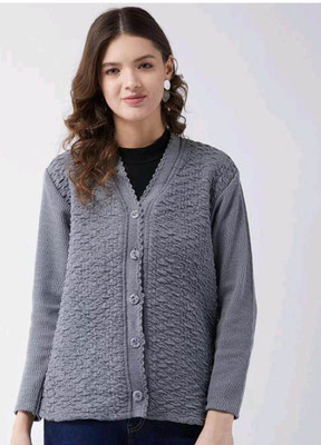 Sanzzy Solid V Neck Casual Women Grey Sweater