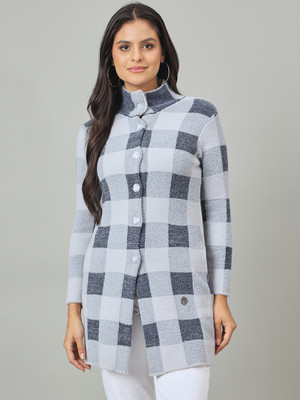 DUKE Checkered Round Neck Casual Women Blue Sweater