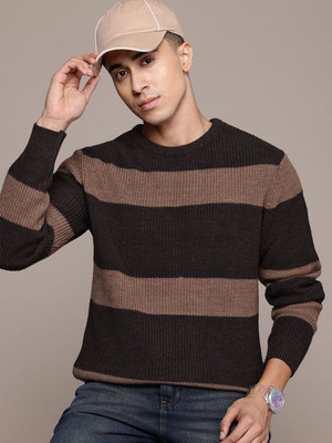 Roadster Striped Round Neck Casual Men Brown Sweater