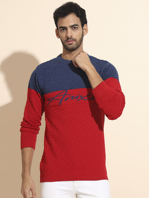 ANIXA Printed Round Neck Casual Men Blue Sweater