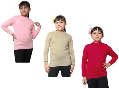 KAVYA Solid Round Neck Casual Girls Pink, Beige, Maroon Sweater