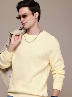 WROGN Solid Round Neck Casual Men Yellow Sweater