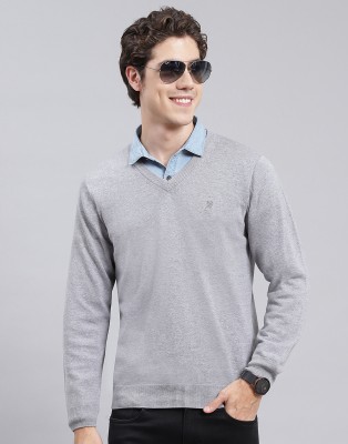 MONTE CARLO Solid V Neck Casual Men Grey Sweater