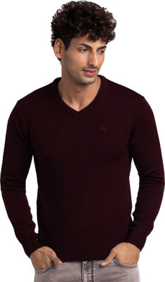 PARX Solid V Neck Casual Men Maroon Sweater
