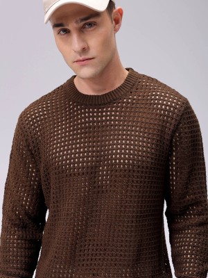 The Indian Garage Co. Self Design Crew Neck Casual Men Brown Sweater