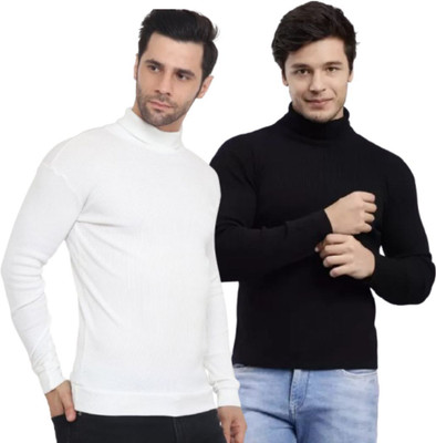 FREAKS Solid High Neck Casual Men Black, White Sweater