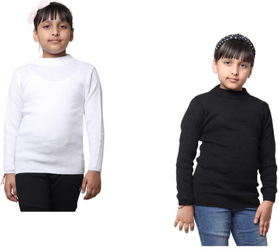 Indistar Solid Round Neck Casual Girls White, Black Sweater