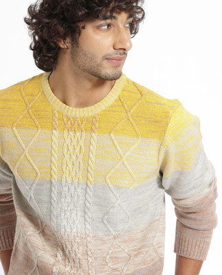 RARE RABBIT Colorblock Crew Neck Casual Men Yellow Sweater