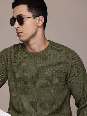 Roadster Self Design Round Neck Casual Men Green Sweater