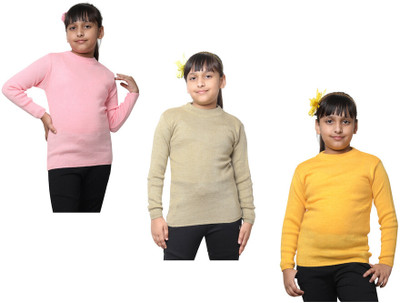 KAVYA Solid Round Neck Casual Girls Pink, Beige, Yellow Sweater