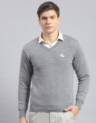 MONTE CARLO Solid V Neck Casual Men Grey Sweater