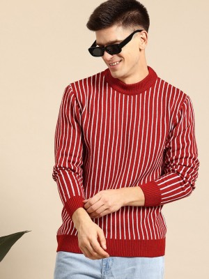 Mast & Harbour Striped Round Neck Casual Men Maroon Sweater