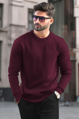 TRIPR Solid Round Neck Casual Men Maroon Sweater