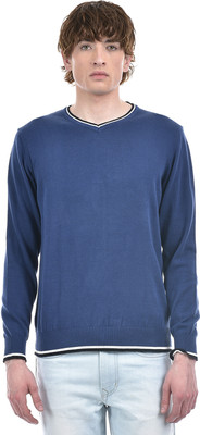 NUMERO UNO Striped V Neck Casual Men Blue Sweater