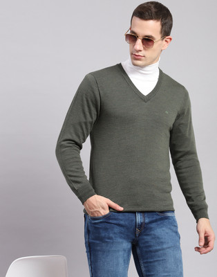 MONTE CARLO Solid V Neck Casual Men Green Sweater