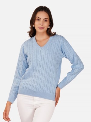 Joe Hazel Self Design V Neck Casual Women Blue Sweater