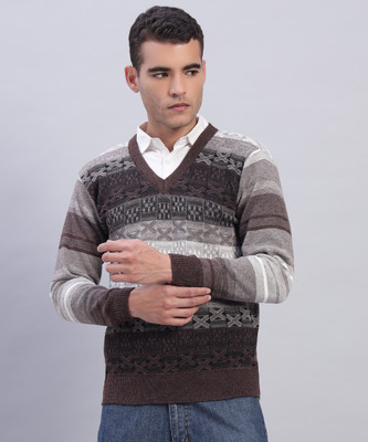 MORKEL Printed V Neck Casual Men Brown Sweater