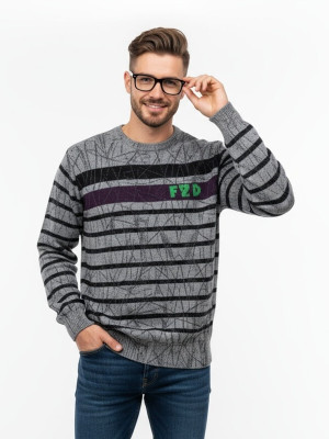 FORWARDS Printed Round Neck Casual Men Grey Sweater