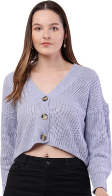 Nobarr Self Design V Neck Casual Women Blue Sweater
