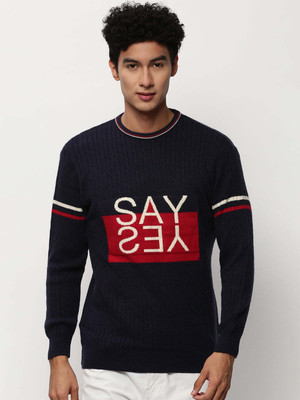 SHOWOFFFF Self Design Round Neck Casual Men Dark Blue Sweater