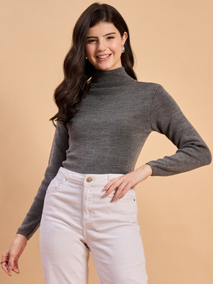 RVK Self Design High Neck Casual Women Grey Sweater