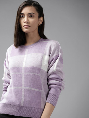 Roadster Checkered Round Neck Casual Women Purple Sweater
