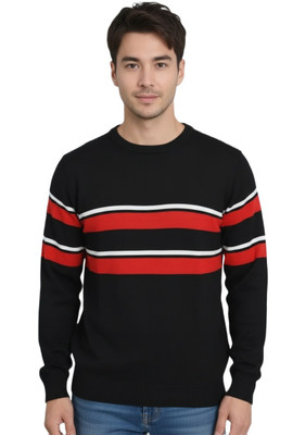 GAINELL Striped Round Neck Casual Men Black Sweater
