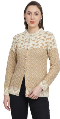 HITTIKA Self Design, Woven Round Neck Casual Women Beige Sweater