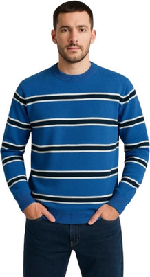DAILYDUDE Striped Round Neck Casual Men Blue Sweater