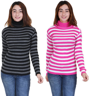 100LUCK Striped High Neck Casual Women Multicolor Sweater