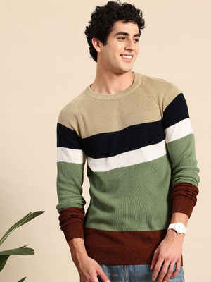 Mast & Harbour Striped Round Neck Casual Men Green Sweater