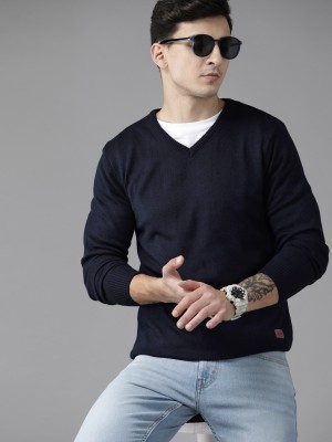 Roadster Solid V Neck Casual Men Blue Sweater