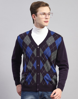 MONTE CARLO Printed V Neck Casual Men Purple Sweater