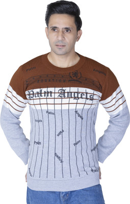 jksaini Printed Round Neck Casual Men Brown Sweater