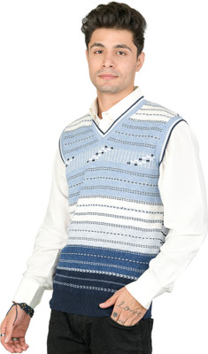 MONT CONNETT Striped V Neck Casual Men Blue Sweater
