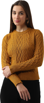 Kraus Jeans Self Design Round Neck Casual Women Yellow Sweater