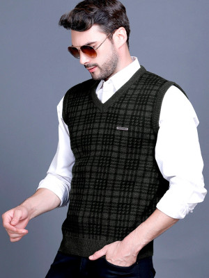 GODFREY Checkered, Chevron/Zig Zag V Neck Casual Men Green Sweater