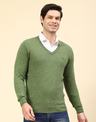 MONTE CARLO Solid V Neck Casual Men Green Sweater