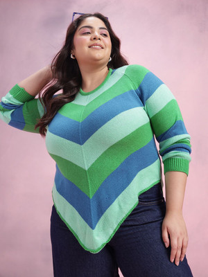 DressBerry Curve Striped Round Neck Casual Women Green Sweater